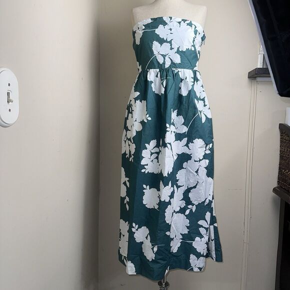 NEW Cynthia Rowley Green White Floral Print Strapless Midi Dress Size 12 NEW - Picture 1 of 9